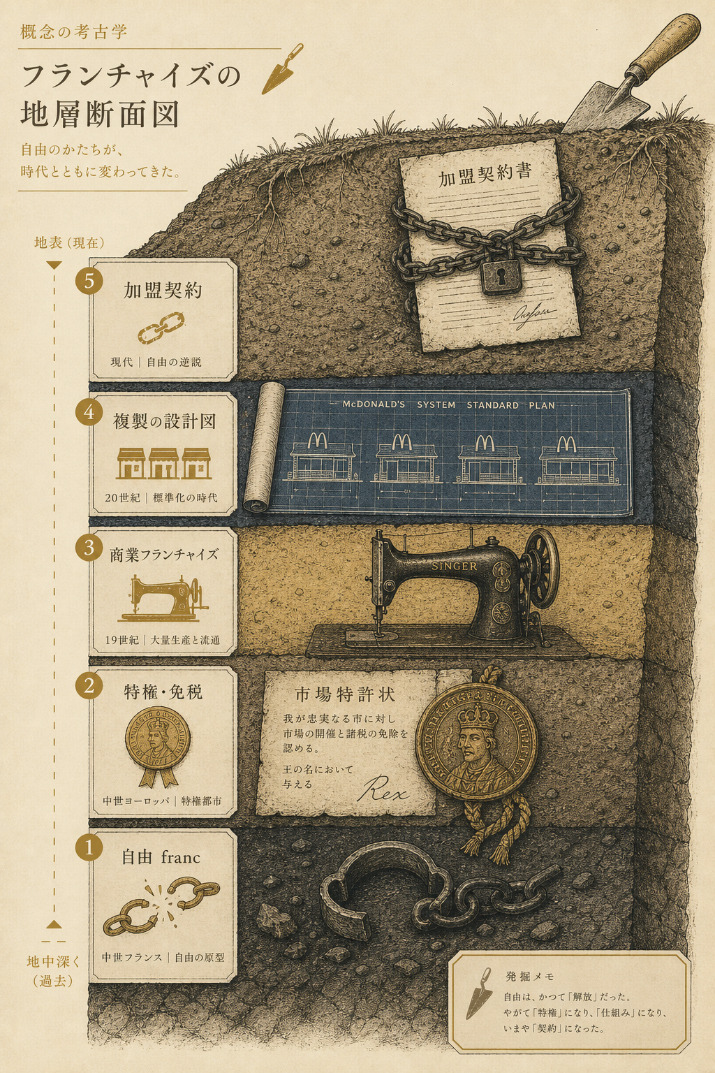 「フランチャイズ」という概念の地層断面図。深層から、franc=自由(中世フランス)、王が与える特権・免税・自由都市、19世紀アメリカの商業フランチャイズ(シンガーミシン)、ビジネスフォーマット複製(マクドナルド/マニュアル)、現代の加盟契約(自由の付与が束縛に反転)へと積み重なる様子