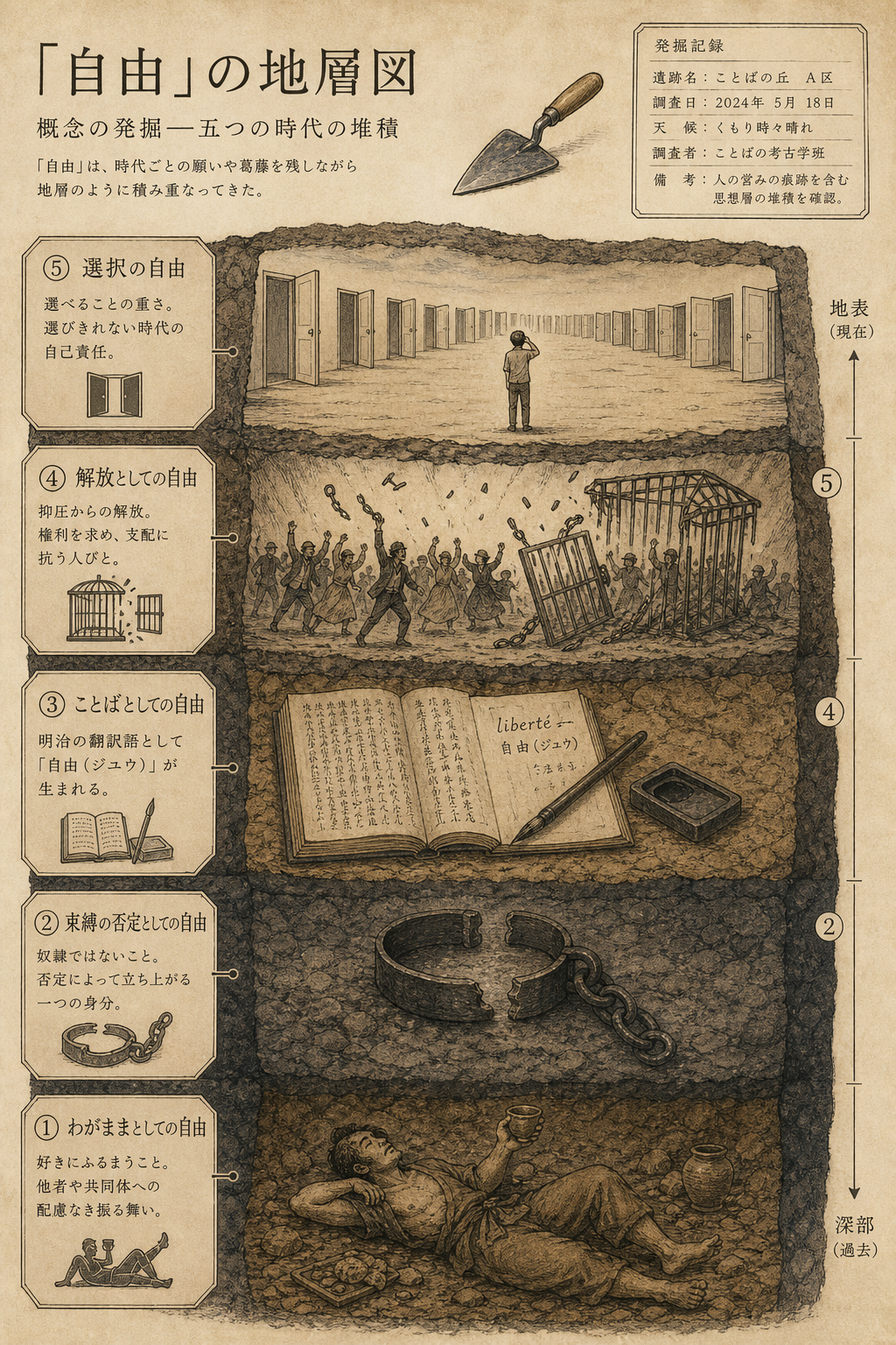 「自由」という概念の地層断面図。深層から、わがまま・恣意(前近代の漢語・仏教語のネガティブな含み)、奴隷でない身分(西洋 liberty/freedom の原義=否定形の地位)、明治の翻訳語「自由」(福沢の苦慮・中村正直『自由之理』)、〜からの自由(自由民権・天賦人権による身分と国家からの解放)、選択の自由=自己責任(現代の選択過多)へと積み重なる様子