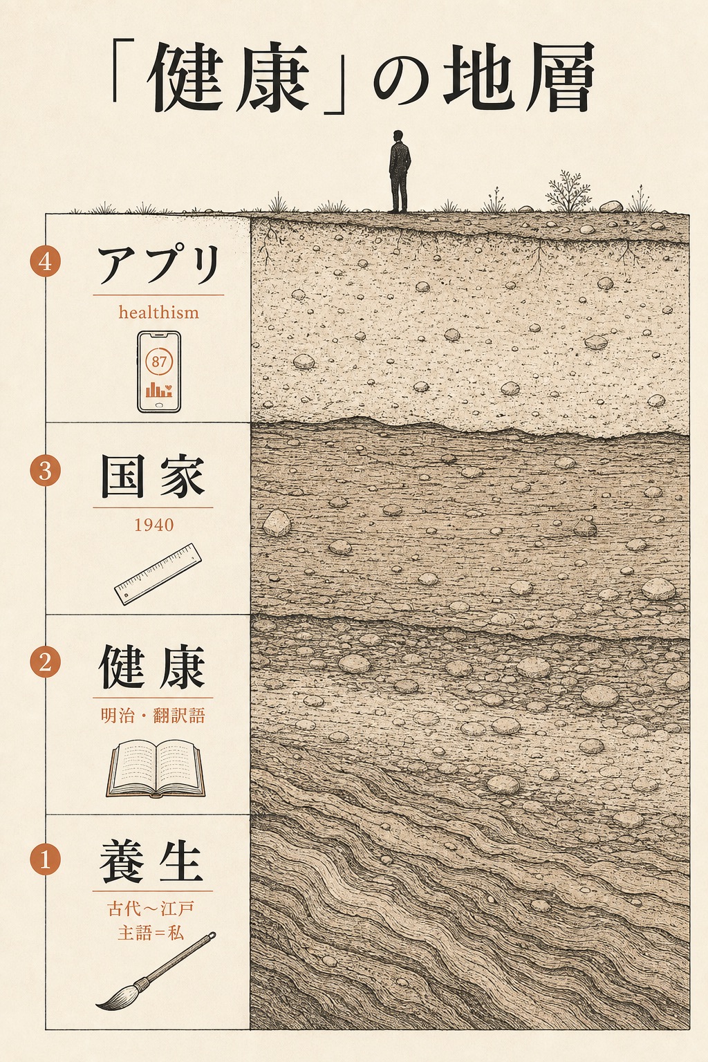 「健康」という概念の地層断面図。深層から、養生(主語=私)、明治の翻訳語「健康」、国家による身体動員、現代のヘルシズム(アプリ採点)へと積み重なる様子